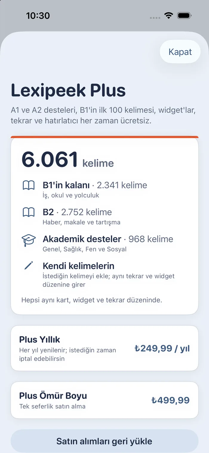 Uygulamadaki Plus ekranı: A1 ve A2 desteleri, B1'in ilk 100 kelimesi, widget'lar, tekrar ve hatırlatıcı her zaman ücretsiz. B1'in kalanı, B2 ve akademik desteler, 6.061 kelime: B1 Orta kalan 2.341, B2 Orta-İleri 2.752, Akademik: Genel 396, Sağlık 377, Fen 109, Sosyal 86.