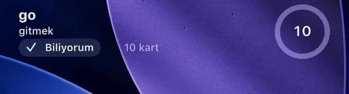 Sıradaki kelime widget'ı büyütülmüş: go, gitmek, Biliyorum düğmesi ve 10 kart.